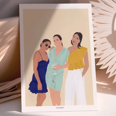 Affiche personnalisée meilleures amies – Illustration Affiche personnalisée meilleures amies, 3 amies sur un fond jaune uni. Création de Denadda à partir d'une photo comme cadeau d'amitié.