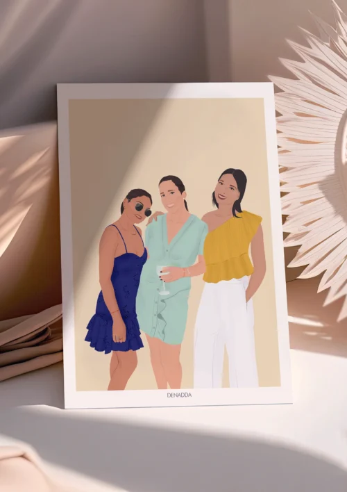 Affiche personnalisée meilleures amies - Illustration Affiche personnalisée meilleures amies, 3 amies sur un fond jaune uni. Création de Denadda à partir d'une photo comme cadeau d'amitié.