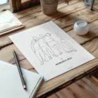 Affiche personnalisée meilleurs amis dessin minimaliste de 4 amis en noir et blanc sur fond uni avec nom et date. Affiche line art réalisée d'un seul trait par Denadda pour un cadeau de départ.