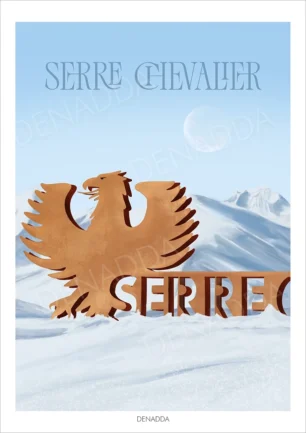 Affiche Serre Chevalier avec l’aigle emblématique des Hautes-Alpes, devant les sommets enneigés et le ciel clair de la vallée de Briançon. Une illustration d'hiver réalisée par Denadda.