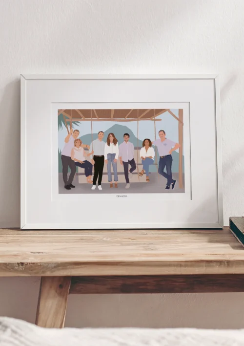 Cadre personnalisé collègues de travail - Illustration Cadre personnalisé collègues de travail, portrait d'une agence immobilière avec 7 collègues de travail. Une création de Denadda personnalisée à partir de plusieurs photos comme cadeau d'entreprise.