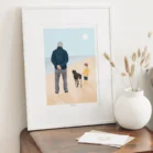 Cadre famille et animaux de dos personnalisé à partir d'une photo. Illustration de Denadda réalisée pour un cadeau de fête des pères comme décoration de salon.