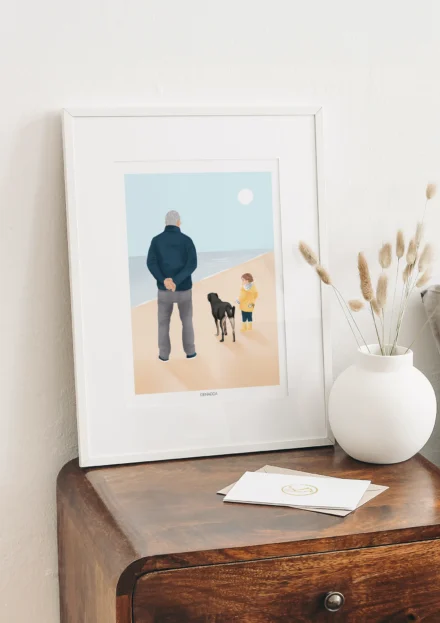 Cadre famille et animaux de dos personnalisé à partir d'une photo. Illustration de Denadda réalisée pour un cadeau de fête des pères comme décoration de salon.