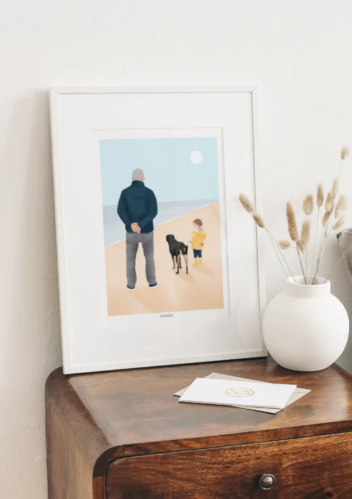 Cadre personnalisé famille et animaux de dos - Illustration Cadre famille et animaux de dos personnalisé à partir d'une photo. Illustration de Denadda réalisée pour un cadeau de fête des pères comme décoration de salon.