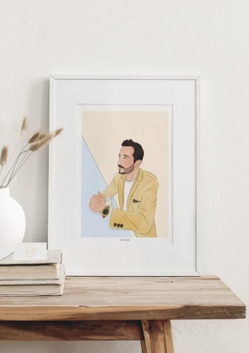 Cadre personnalisé meilleur ami - Dessin Cadre personnalisé meilleur ami, un homme assis à une table avec un verre. Un dessin personnalisé par Denadda à partir d'une photo pour un cadeau d'anniversaire comme décoration de salon.