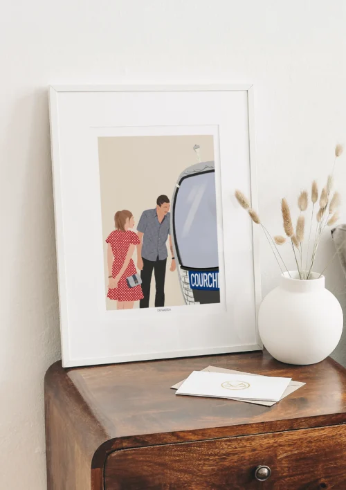 Cadre personnalisé meilleur ami sans visage - Illustration minimaliste Cadre personnalisé meilleur ami sans visage avec une cabine de ski sur fond beige uni. Illustration minimaliste personnalisée par Denadda à partir d'une photo pour un cadeau de Noël entre amis.