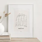 Cadre personnalisé meilleurs amis dessin minimaliste en noir et blanc de 4 amis sur fond uni avec texte et date. Création de Denadda illustrée à partir d'une photo pour une décoration intérieure.