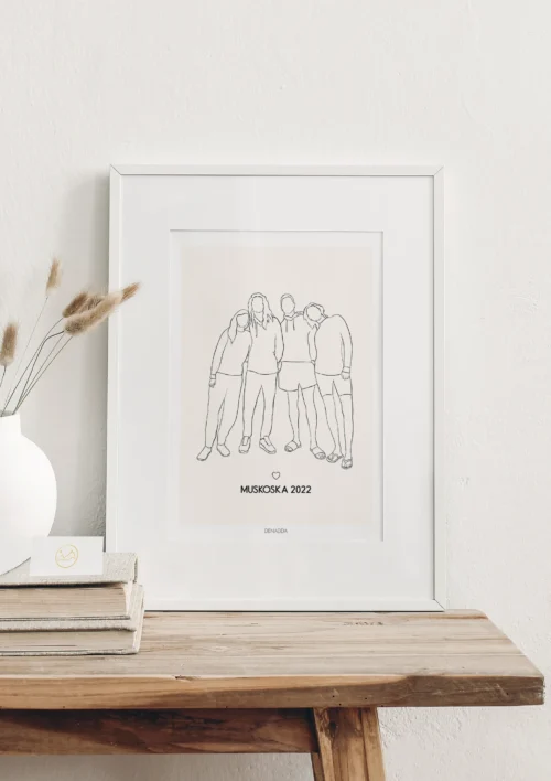 Cadre personnalisé meilleurs amis - Dessin minimaliste Cadre personnalisé meilleurs amis dessin minimaliste en noir et blanc de 4 amis sur fond uni avec texte et date. Création de Denadda illustrée à partir d'une photo pour une décoration intérieure.