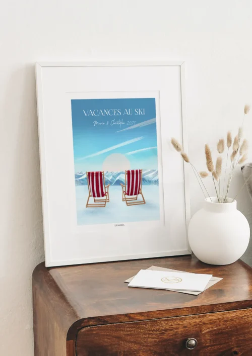 Cadre personnalisé Val Thorens vacances au ski "Pause transat" Cadre personnalisé Val Thorens vacances au ski avec prénom, pause transat avec montagne enneigée. Illustration de Denadda.