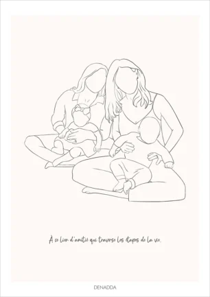 Dessin minimaliste personnalisé meilleurs amis, 2 amies avec leurs bébés en noir et blanc sur fond uni avec citation sur l'amitié. Dessin line art épuré en un seul trait par Denadda.
