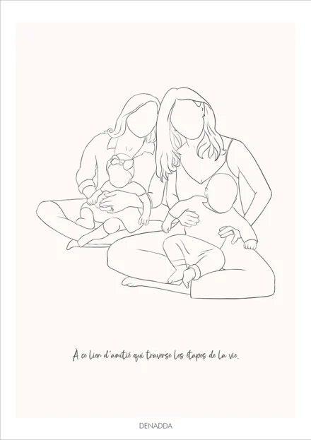Dessin minimaliste personnalisé meilleurs amis, 2 amies avec leurs bébés en noir et blanc sur fond uni avec citation sur l'amitié. Dessin line art épuré en un seul trait par Denadda.