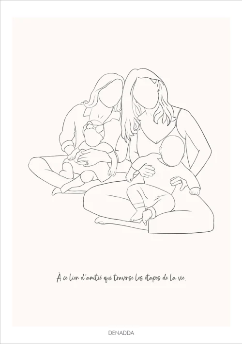 Dessin minimaliste personnalisé meilleurs amis, 2 amies avec leurs bébés en noir et blanc sur fond uni avec citation sur l'amitié. Dessin line art épuré en un seul trait par Denadda.
