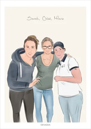 Dessin personnalisé meilleures amies, 3 amies cote à cote avec prénom sur fond uni. Une création de Denadda dessinée à la main à partir d'une photo.