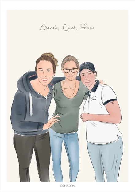Dessin personnalisé meilleures amies, 3 amies cote à cote avec prénom sur fond uni. Une création de Denadda dessinée à la main à partir d'une photo.