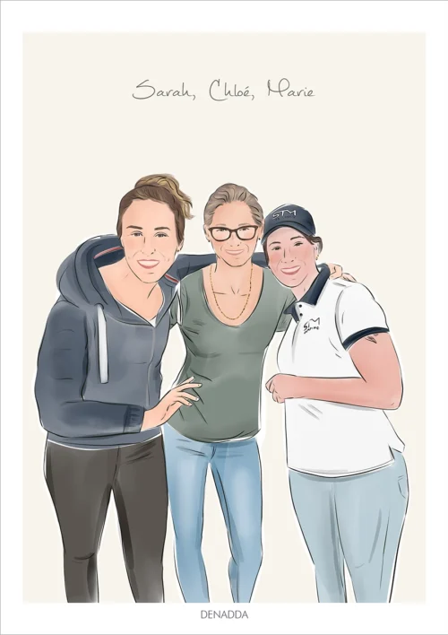 Dessin personnalisé meilleures amies, 3 amies cote à cote avec prénom sur fond uni. Une création de Denadda dessinée à la main à partir d'une photo.