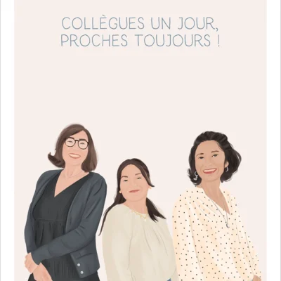 Illustration personnalisée collègues de travail avec texte sur fond uni. Une création de Denadda réalisée à partir d'une photo.