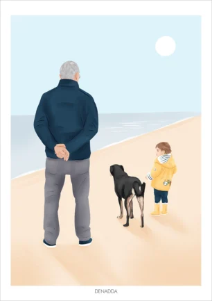 Illustration famille et animaux de dos personnalisée à partir d'une photo par Denadda.