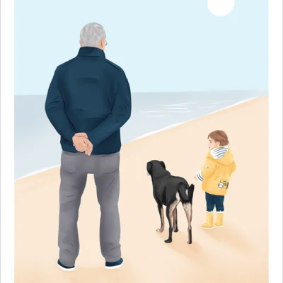 Illustration famille et animaux de dos personnalisée à partir d'une photo par Denadda.