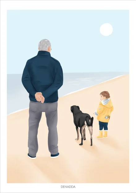 Illustration famille et animaux de dos personnalisée à partir d'une photo par Denadda.