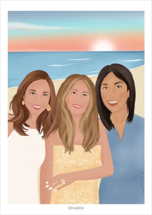 Illustration personnalisée meilleures amies, 3 amies sur la plage avec coucher de soleil en arrière plan. Une création de Denadda réalisée à partir d'une photo.