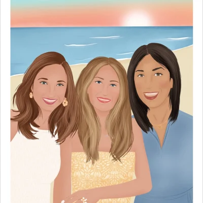 Illustration personnalisée meilleures amies, 3 amies sur la plage avec coucher de soleil en arrière plan. Une création de Denadda réalisée à partir d'une photo.