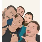 Illustration personnalisée meilleurs amis, portrait de 5 amis sur un fond jaune uni. Une création dessinée par Denadda à partir d'une photo.