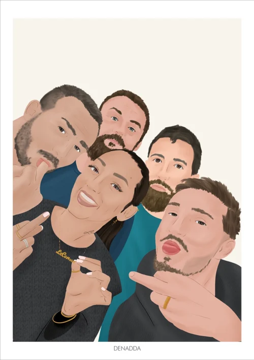 Illustration personnalisée meilleurs amis Illustration personnalisée meilleurs amis, portrait de 5 amis sur un fond jaune uni. Une création dessinée par Denadda à partir d'une photo.