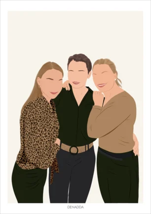 Portrait minimaliste meilleurs amis, dessin de 3 amies sans visages sur fond uni. Une illustration minimaliste personnalisée par Denadda à partir d'une photo.