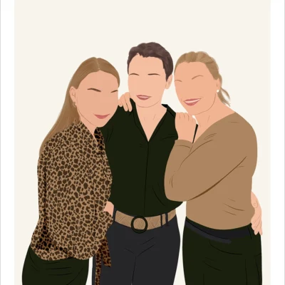 Portrait minimaliste meilleurs amis, dessin de 3 amies sans visages sur fond uni. Une illustration minimaliste personnalisée par Denadda à partir d'une photo.