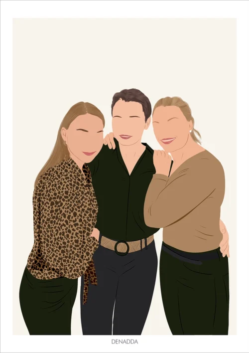 Portrait minimaliste meilleurs amis, dessin de 3 amies sans visages sur fond uni. Une illustration minimaliste personnalisée par Denadda à partir d'une photo.