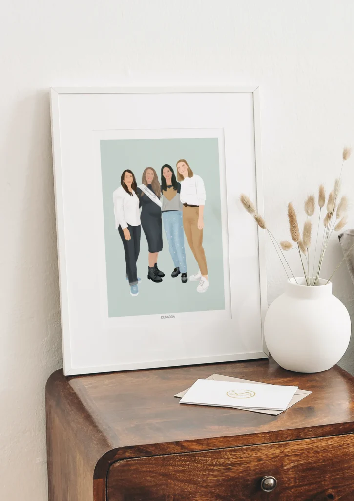 Portrait personnalisé meilleures amies, 4 amies sur un fond vert uni. Une illustration personnalisée par Denadda à partir d'une photo comme cadeau d'anniversaire.