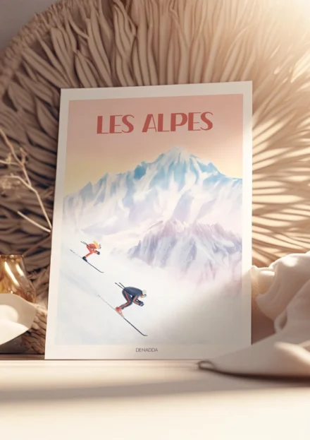Poster Alpes montrant deux skieurs dévalant une pente sous un ciel pastel au coucher du soleil, création Denadda.