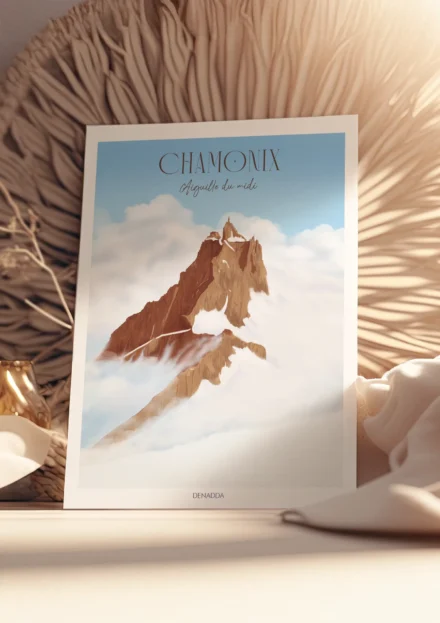 Poster Chamonix l'Aiguille du Midi posée dans une lumière douce, montrant le sommet émergent au-dessus des nuages illustré par Denadda.