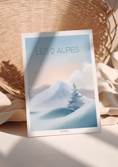 Poster les 2 Alpes "Paysage enneigé" Poster Les 2 Alpes représentant un paysage de montagne enneigé au lever du soleil, style doux et épuré, création Denadda