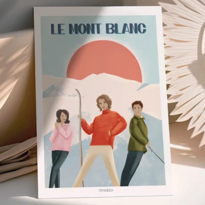 Poster Mont Blanc vintage Poster Mont Blanc vintage Denadda sur fond lumineux, représentant trois skieurs style années 60 devant un soleil orangé.