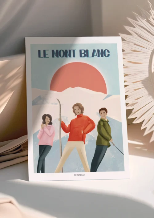 Poster Mont Blanc vintage Poster Mont Blanc vintage Denadda sur fond lumineux, représentant trois skieurs style années 60 devant un soleil orangé.