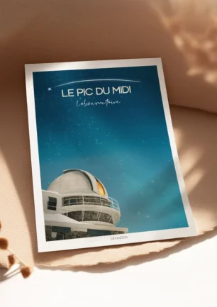 Poster Pic du Midi de Bigorre avec l’observatoire des Hautes-Pyrénéesson et son ciel étoilé, présenté dans une lumière chaude et une ambiance douce par Denadda.