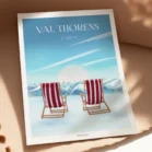 Poster Val Thorens 2300 mètres, pause transat sur les pistes de ski avec montagne enneigée. Illustration de Denadda.