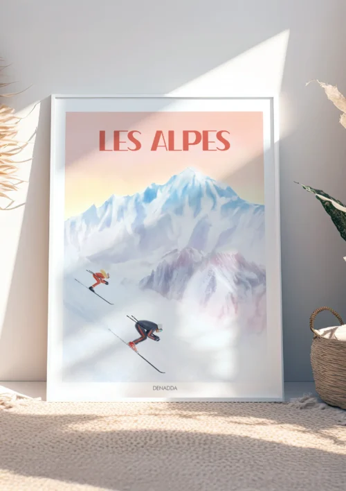 Tableau Alpes "Ski au coucher du soleil" Tableau Alpes avec panorama montagneux et skieurs au coucher du soleil, style épuré signé Denadda.