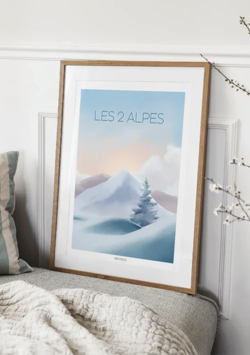 Tableau les 2 Alpes "Paysage enneigé" Tableau Les 2 Alpes avec montagnes et neige immaculée dans des teintes pastel, décor mural alpin signé Denadda