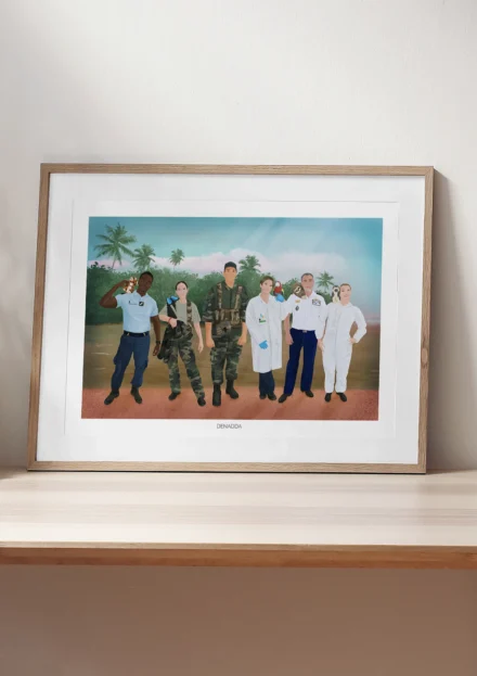 Tableau personnalisé collègues de travail, une équipe de 6 scientifiques sous les tropiques en Guyane. Un portrait de collègues de travail personnalisé par Denadda à partir d'une photo.