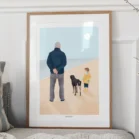Tableau personnalisé famille et animaux de dos. Portrait d'un papa avec son enfant et son chien à la plage. Illustration de Denadda personnalisée à partir d'une photo.