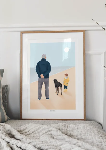 Tableau personnalisé famille et animaux de dos. Portrait d'un papa avec son enfant et son chien à la plage. Illustration de Denadda personnalisée à partir d'une photo.