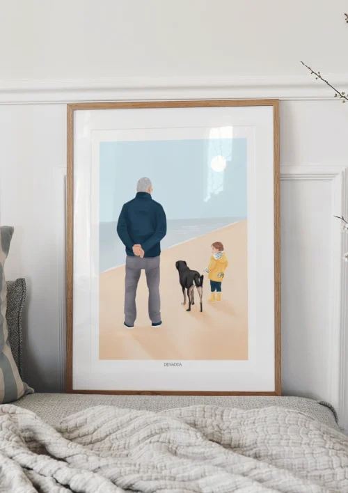 Tableau personnalisé famille et animaux de dos - Illustration Tableau personnalisé famille et animaux de dos. Portrait d'un papa avec son enfant et son chien à la plage. Illustration de Denadda personnalisée à partir d'une photo.