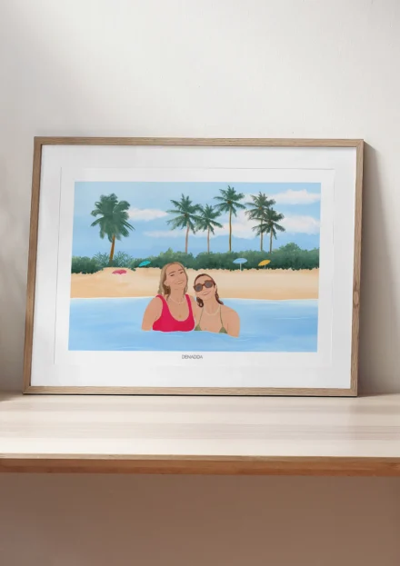 Tableau personnalisé meilleure amie, 2 amies qui se baigne à la plage sous les tropiques. Un portrait d'amis personnalisé par Denadda à partir d'une photo.