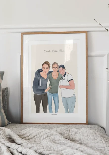 Tableau personnalisé meilleures amies, dessin de 3 amis avec prénoms sur fond uni. Un portrait d'amis personnalisé à partir d'une photo par Denadda comme cadeau de départ.