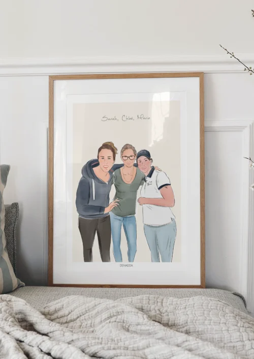 Tableau personnalisé meilleures amies - Dessin Tableau personnalisé meilleures amies, dessin de 3 amis avec prénoms sur fond uni. Un portrait d'amis personnalisé à partir d'une photo par Denadda comme cadeau de départ.