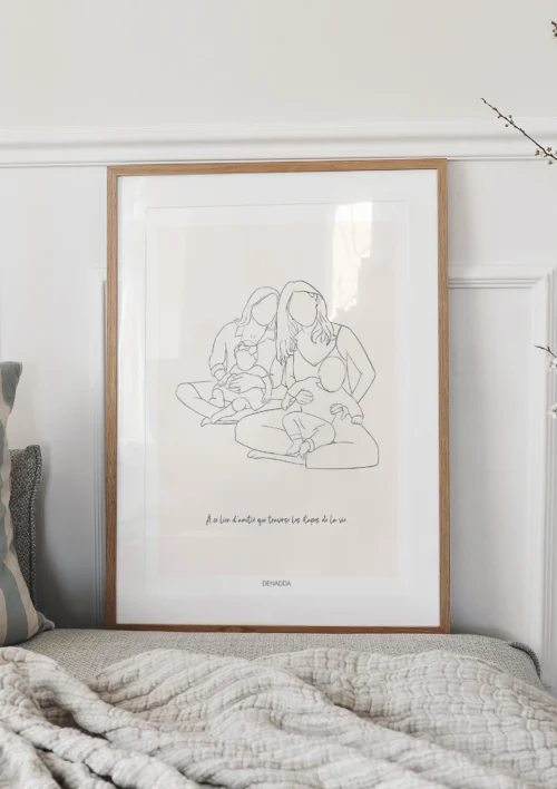 Tableau personnalisé meilleures amies - Dessin minimaliste Tableau personnalisé meilleures amies, dessin minimaliste de 2 mamans avec leurs bébés, avec citation sur l'amitié sur fond uni. Un portrait d'amis dessiné en un seul trait par Denadda à partir d'une photo dans le style line art.