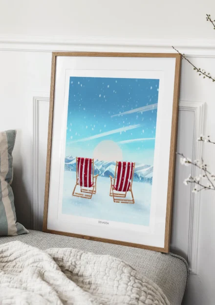 Tableau Val Thorens personnalisé, pause transat sur les pistes de ski avec montagne enneigée. Illustration de Denadda.