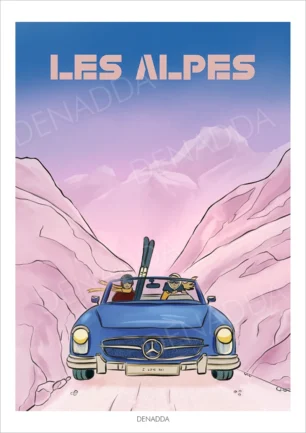 Affiche Alpes avec voiture vintage décapotable et skis dans une scène de montagne style bande dessinée, illustration créée par Denadda